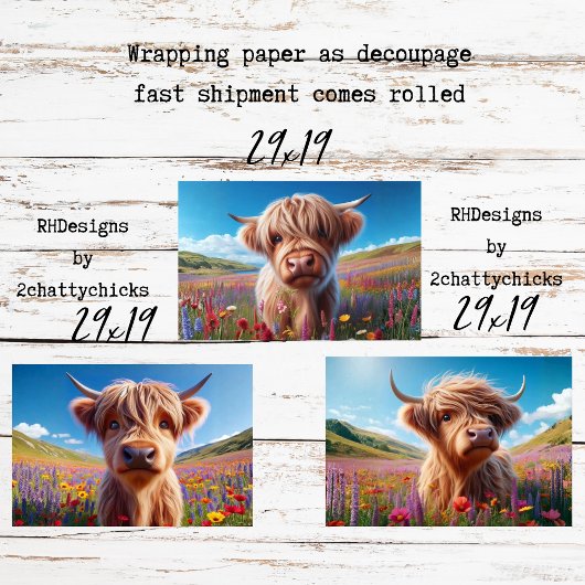 Feuille De Papier Cadeau Wrapping Paper for Decoupage 3 Highland Cows