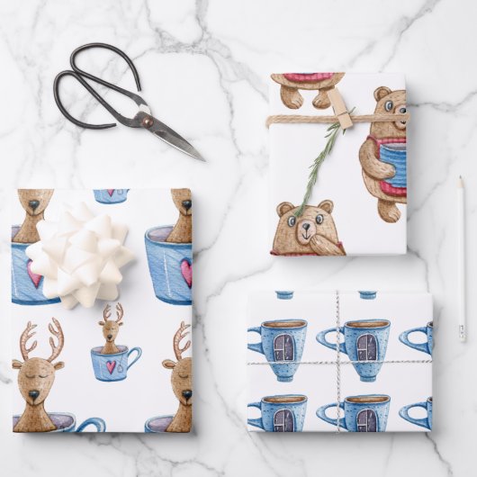 Feuille De Papier Cadeau Wrapping Paper Sheets - Deer, Mug, Bear (Recto)