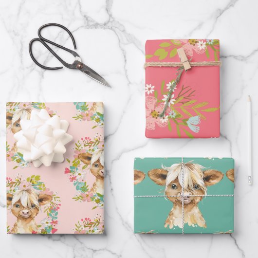 Feuille De Papier Cadeau Wreath Highland Cow Baby shower (Recto)