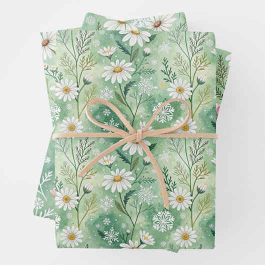 Feuille De Papier Cadeau Xmas Daisy Flowers Winter Pattern (En situation)