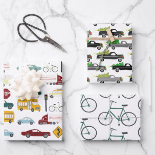 Feuille De Papier Cadeau Xmas Traffic Cars Camions Vélos Variété Pack