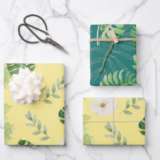 Feuille De Papier Cadeau Yellow and Green Watercolor Floral & Tropical Leaf