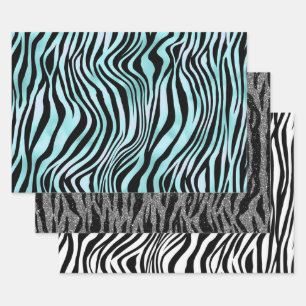 Feuille De Papier Cadeau Zebra Print Noir et Turquoise Turquoise et Blanc