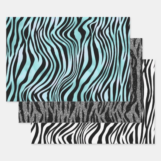 Feuille De Papier Cadeau Zebra Print Noir et Turquoise Turquoise et Blanc (Lot)