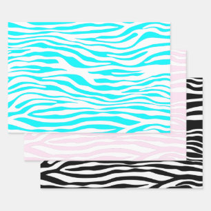 Feuille De Papier Cadeau Zebra Stripes en rose, noir et bleu