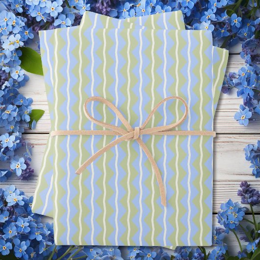 Feuille De Papier Cadeau Zigzag Chevron Stripes - Bleu, Vert et Ivoire pâle