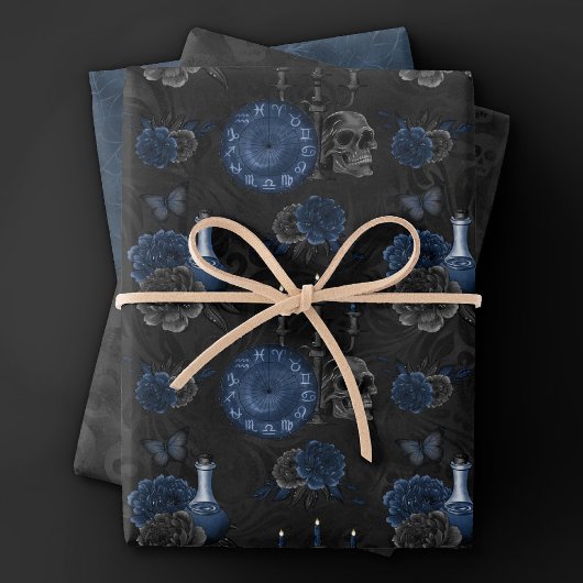 Feuille De Papier Cadeau Zodiaque magic | Dark Navy Blue Gothic Skull