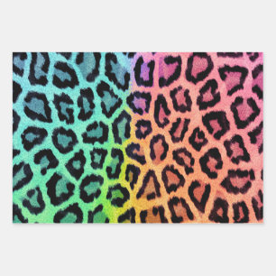 Feuille De Papier Cadeau Zones Empreintes de léopard teintées Arc-en-ciel c
