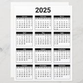 Feuille de papier calendrier annuel 2025 noir et b (Devant / Derrière)