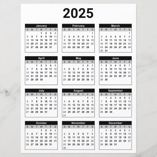 Feuille de papier calendrier annuel 2025 noir et b (Devant)