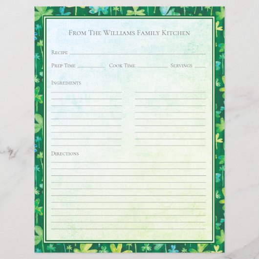 Feuille de papier de recette verte aux trèfles de (Devant)