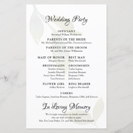 Feuille de papier du programme de mariage à l'aqua (Dos)