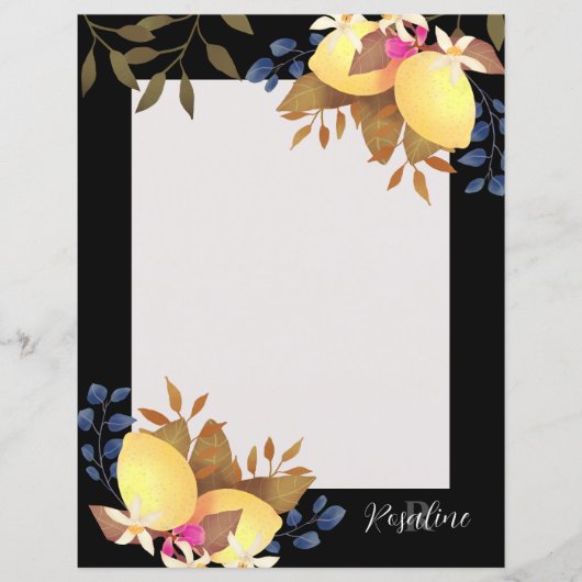 Feuille de papier noir au monogramme chic citron (Devant)