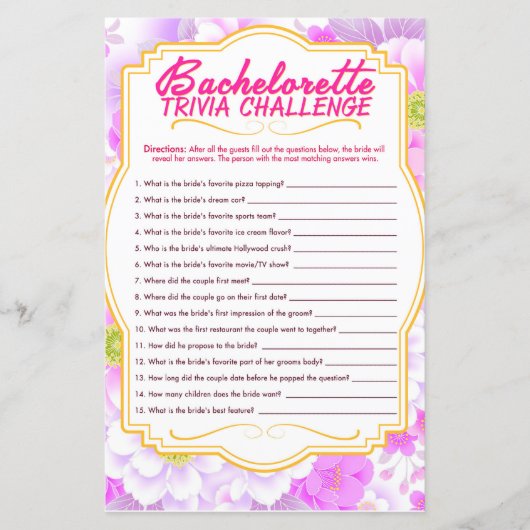 Feuille de papier pour jeu de fête de Bachelorette (Devant)