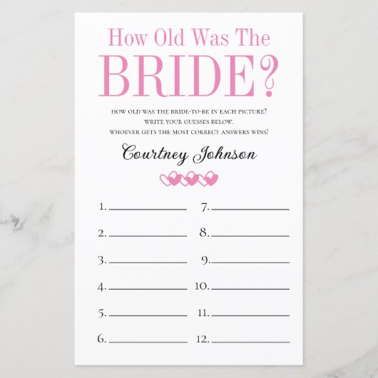 Feuille de papier pour jeux de douche de mariée 2  (Devant)