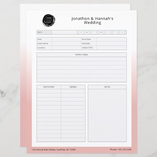 Feuille de travail Planification d'événements d'en (Devant / Derrière)
