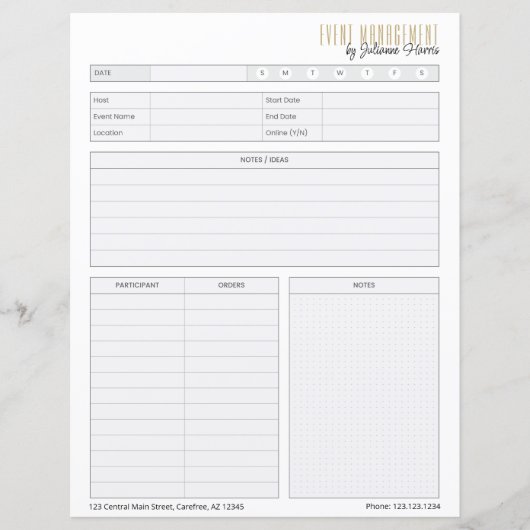 Feuille de travail pour la planification d'événeme (Devant)