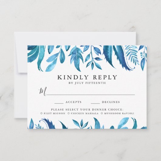 Feuille d'Indigo | Carte RSVP Avec Choix De Repas (Devant)