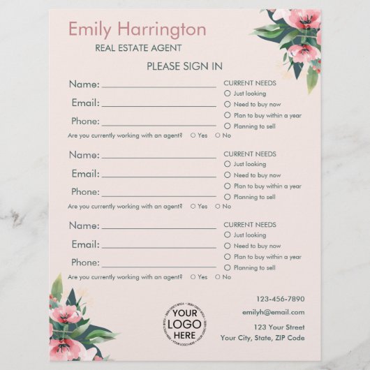 Feuille d'inscription Blush Bloom pour agent immob (Devant)