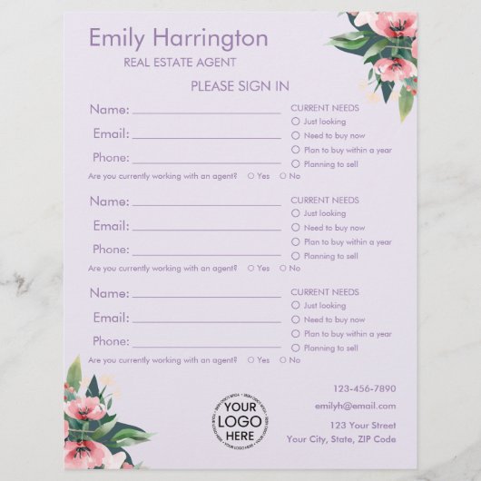 Feuille d'inscription Mauve Blush Bloom pour agent (Devant)