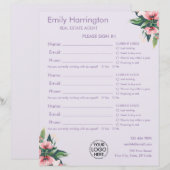 Feuille d'inscription Mauve Blush Bloom pour agent (Devant / Derrière)