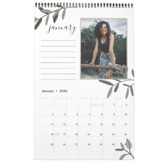 Feuille d'olive | 12 Calendrier photo avec notes (Jan 2026)