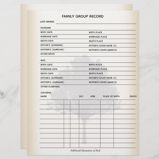 Feuille Groupe généalogie de l'arbre généalogique (Devant / Derrière)