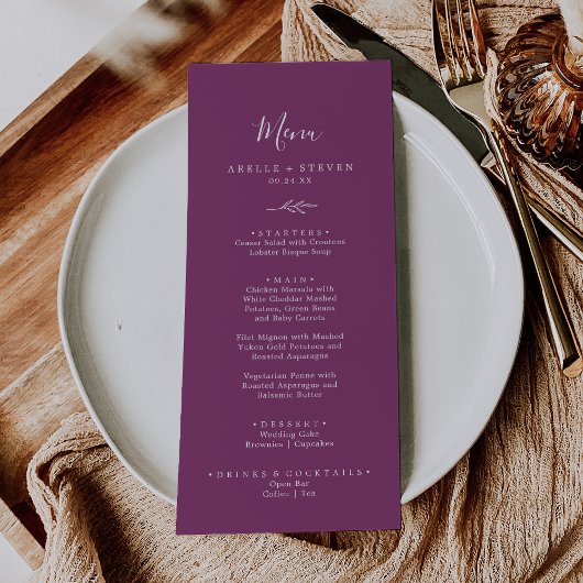 Feuille minimale | Berry Purple Menu Dîner Mariage