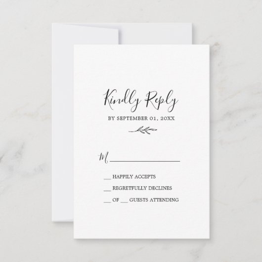 Feuille minimale | Carte RSVP simple noir et blanc (Devant)