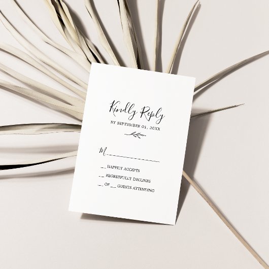 Feuille minimale | Carte RSVP simple noir et blanc