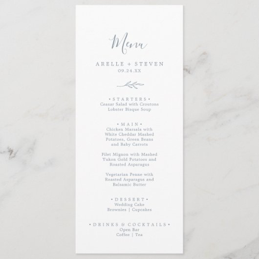 Feuille minimale | Dusty Blue Mariage Dinner Menu (Devant)