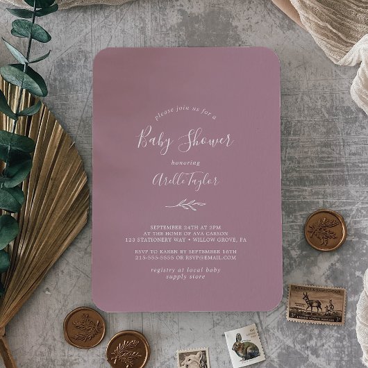 Feuille minimale | Mauve Baby shower Invitation