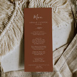 Feuille minimale | Menu Dîner Mariage en terre cui<br><div class="desc">Cette carte de menu mariage en terre cuite minimale est parfaite pour un mariage boho. Le design se compose d'une simple silhouette de feuille de verdure orangée brûlée et minimaliste de style bohème désert. Ce menu peut être utilisé pour une réception de mariage, un dîner de répétition ou tout événement....</div>