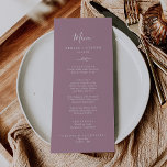 Feuille minimale | Menu du dîner Mariage Mauve<br><div class="desc">Cette carte de menu de mariage mauve aux feuilles minimes est parfaite pour un mariage boho. Le design se compose d'une simple silhouette de feuilles de verdure, dans une couleur romantique violet rose avec un style minimaliste bohème de jardin. Ce menu peut être utilisé pour une réception de mariage, un...</div>