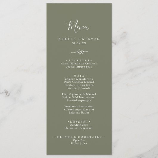Feuille minimale | Menu du dîner Mariage vert oliv (Devant)