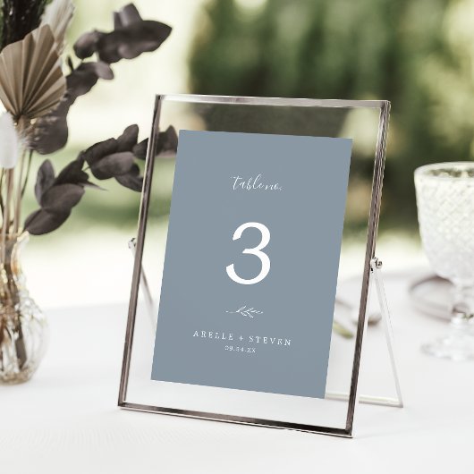 Feuille minimale | Numéro de table Mariage bleu et