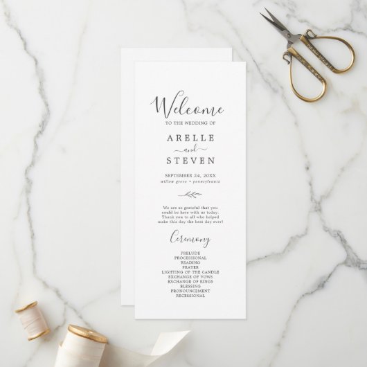 Feuille minimale | Programme de mariage gris foncé (Devant/Arrière en situation)