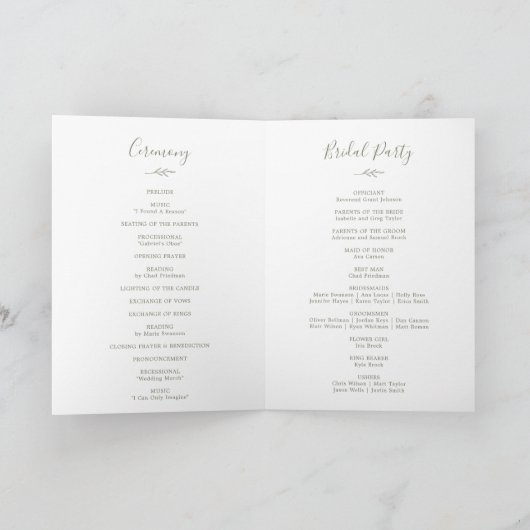 Feuille minimale | Programme de mariage plié vert  (Intérieur)