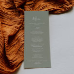 Feuille minimale | Sage Green Dinner Menu Mariage<br><div class="desc">Cette carte de menu à mariage vert sauge feuille minimale est parfaite pour un mariage boho. Le design se compose d'une simple silhouette de feuilles verdoyantes dans une couleur verte poussiéreuse avec un style minimaliste de boho de montagne. Ce menu peut être utilisé pour une réception de mariage, un dîner...</div>