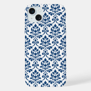 Feuille motif damas bleu foncé sur blanc