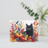 Feuille orange d'automne et carte postale de chat (Debout devant)