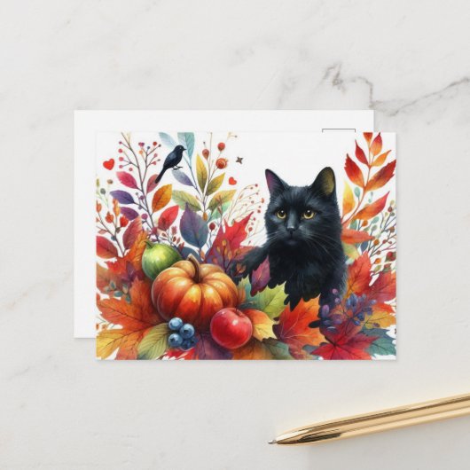 Feuille orange d'automne et carte postale de chat (Devant/Arrière en situation)