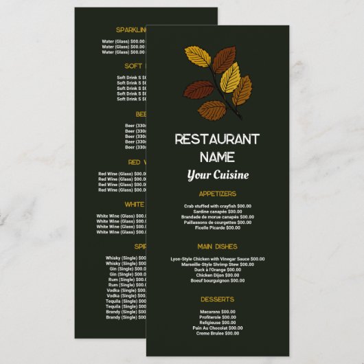 Feuille Rustique, Restaurant Menu Mince (Devant / Derrière)