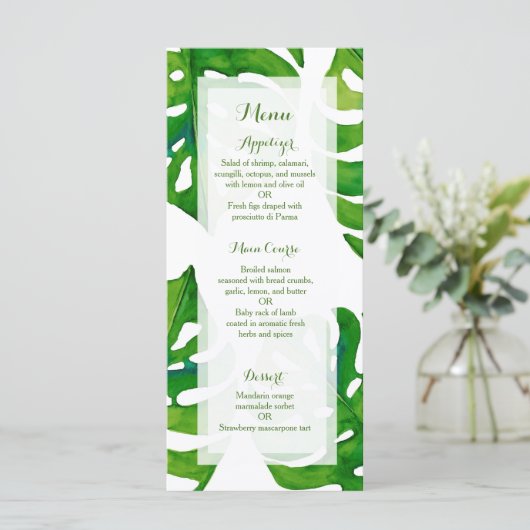 Feuille tropical d'aquarelle épousant le menu (Debout devant)
