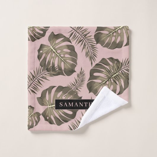 Feuille Tropical Pink & Gold Palm Motif et nom (Gant de toilette)