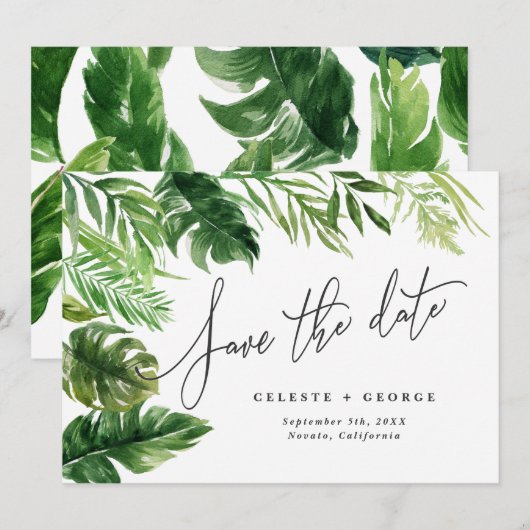 Feuille tropicale aquarelle florale save the date (Devant / Derrière)