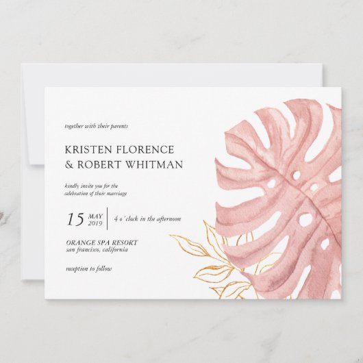 feuille tropicale Faire-part de mariage or pastel (Devant)