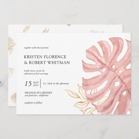 feuille tropicale Faire-part de mariage or pastel (Devant / Derrière)
