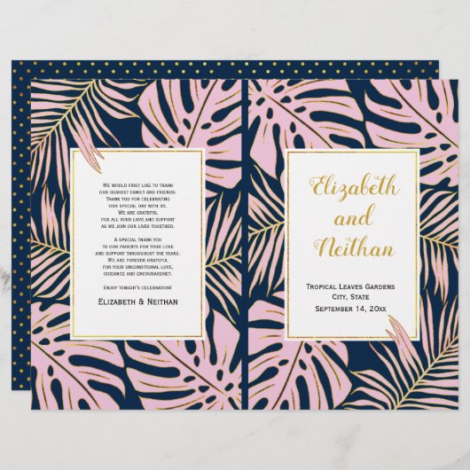 Feuille tropicaux rose, programme de mariage à deu (Devant / Derrière)