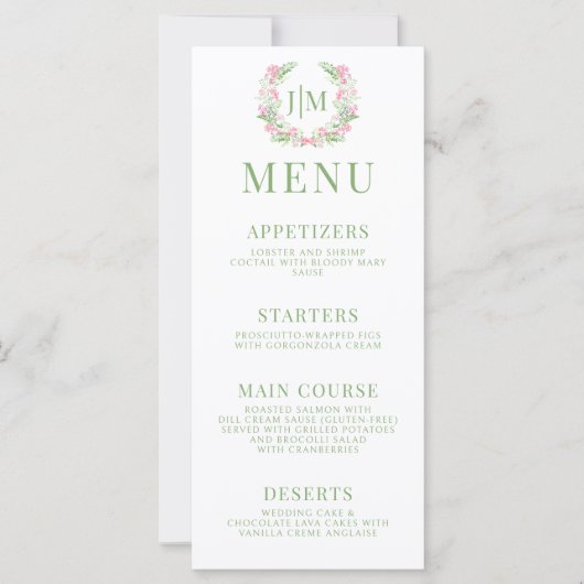 Feuille vert Fleurs roses Monogram Mariage Menu (Devant)